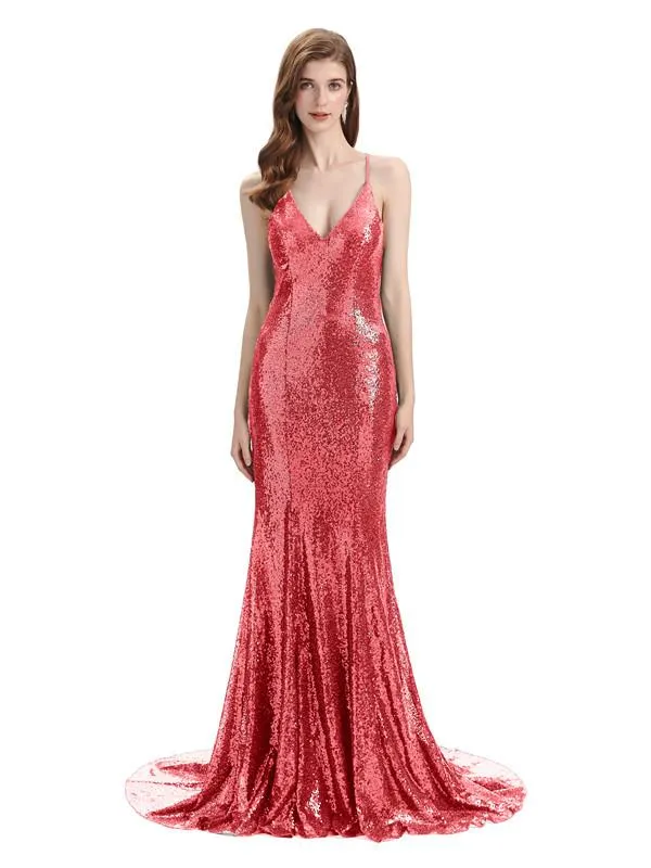 Sexy Spaghetti Strap Sequins Floor-Length Bridesmaid Dresses