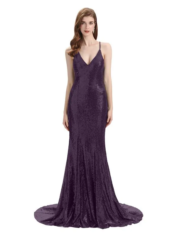 Sexy Spaghetti Strap Sequins Floor-Length Bridesmaid Dresses