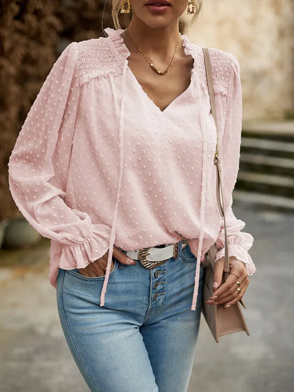 Temperament and Elegant V-neck Knotted Long-Sleeved Top Blouse