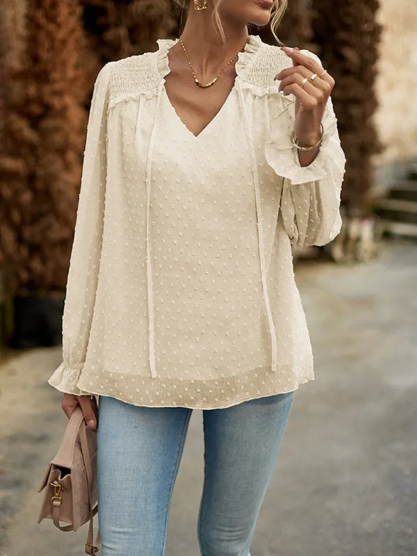 Temperament and Elegant V-neck Knotted Long-Sleeved Top Blouse