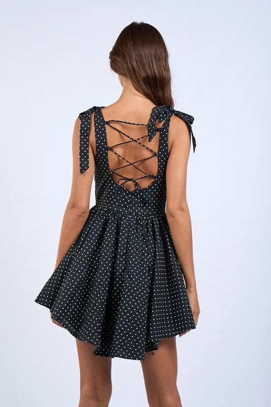 Tiffany Sleeveless Shoulder Tie Cross Back Polka Dot Mini Dress Black