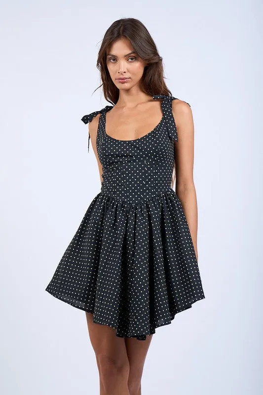 Tiffany Sleeveless Shoulder Tie Cross Back Polka Dot Mini Dress Black