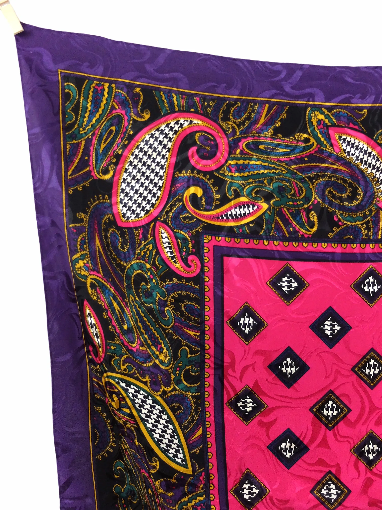 Vintage 70s Bright Abstract Psychedelic Mod Paisley Hot Pink & Purple Houndstooth Check Print Patterned Square Bandana Neck Tie Scarf with Handrolled Hem