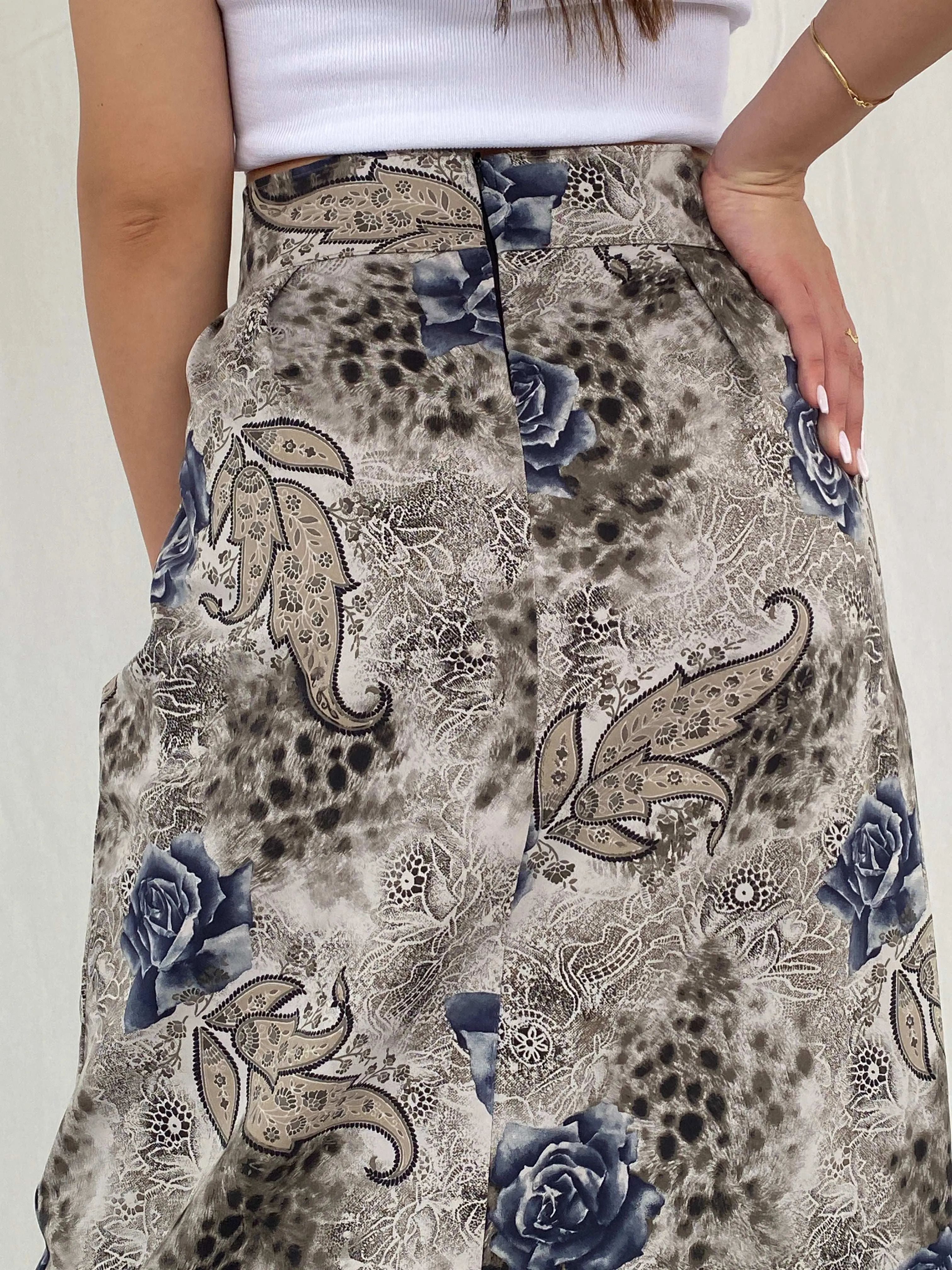 Vintage Handmade Gray Floral Midi Skirt