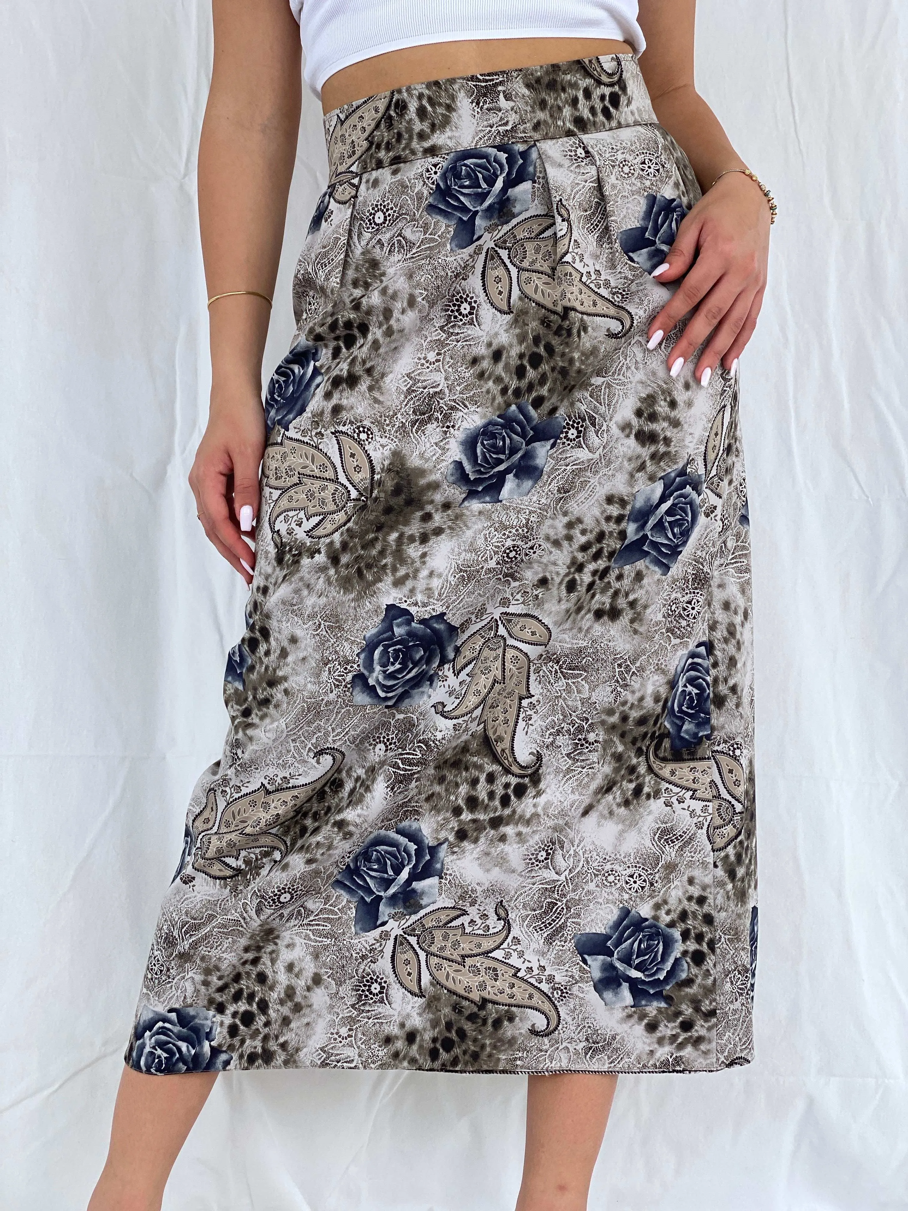 Vintage Handmade Gray Floral Midi Skirt