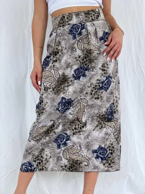 Vintage Handmade Gray Floral Midi Skirt