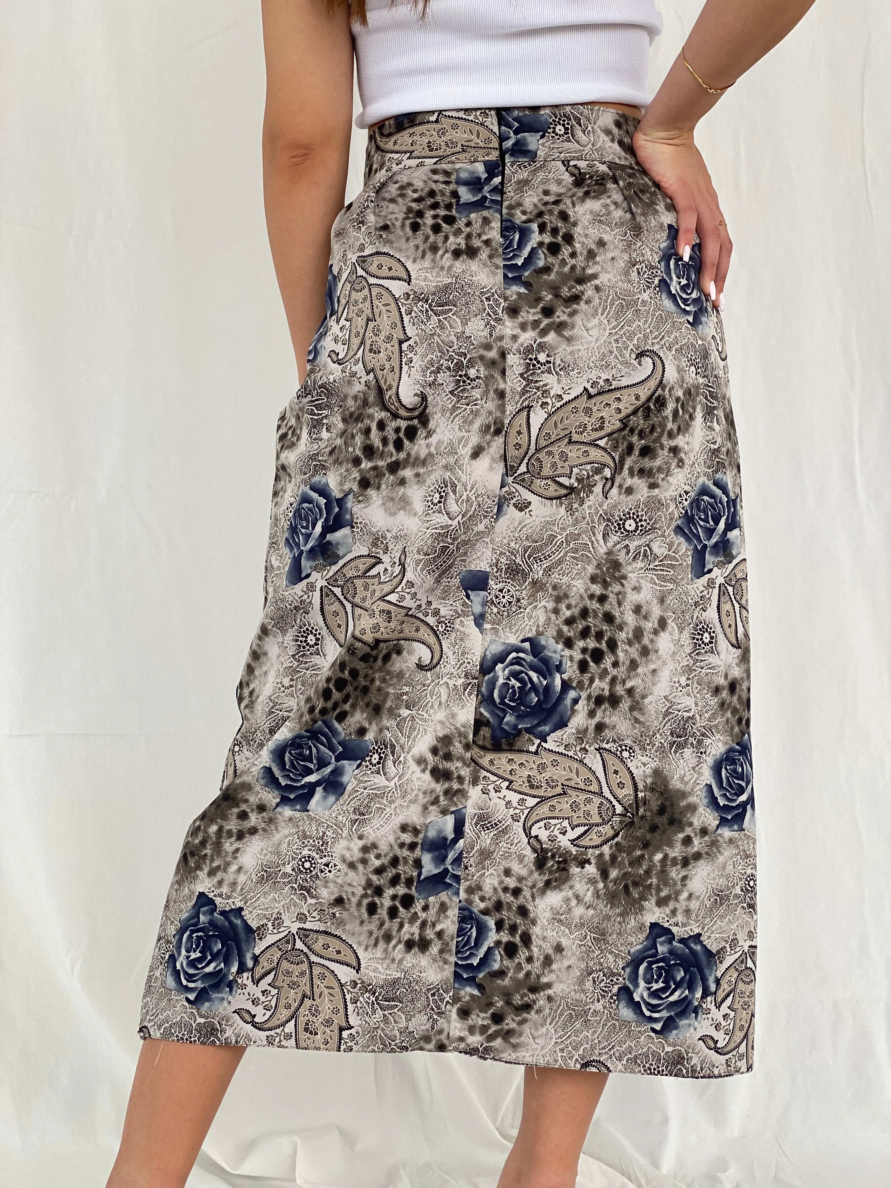 Vintage Handmade Gray Floral Midi Skirt