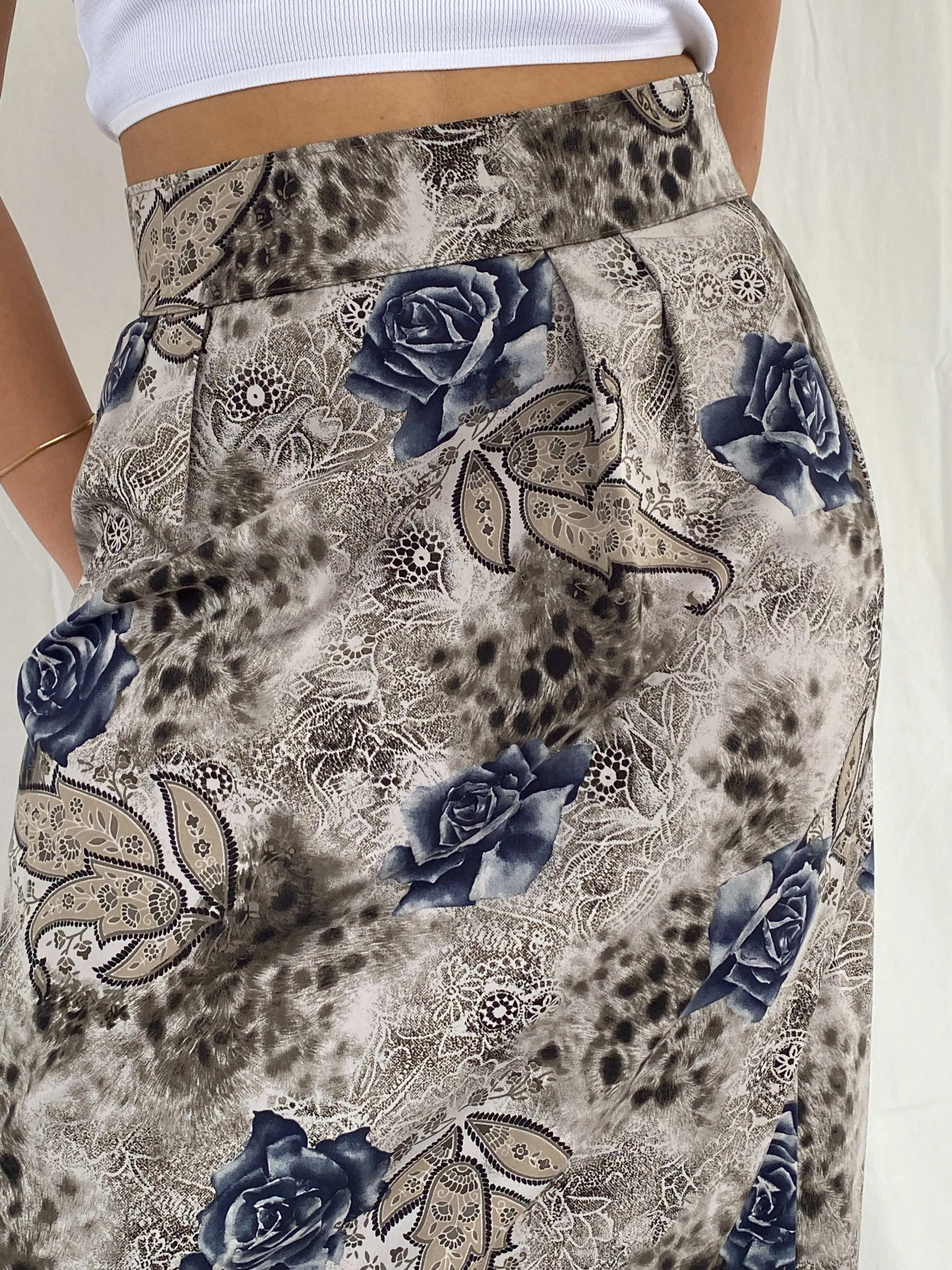 Vintage Handmade Gray Floral Midi Skirt