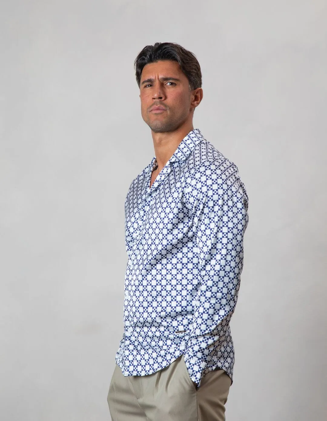 White/Navy Block Printed Long Sleeve Shirt