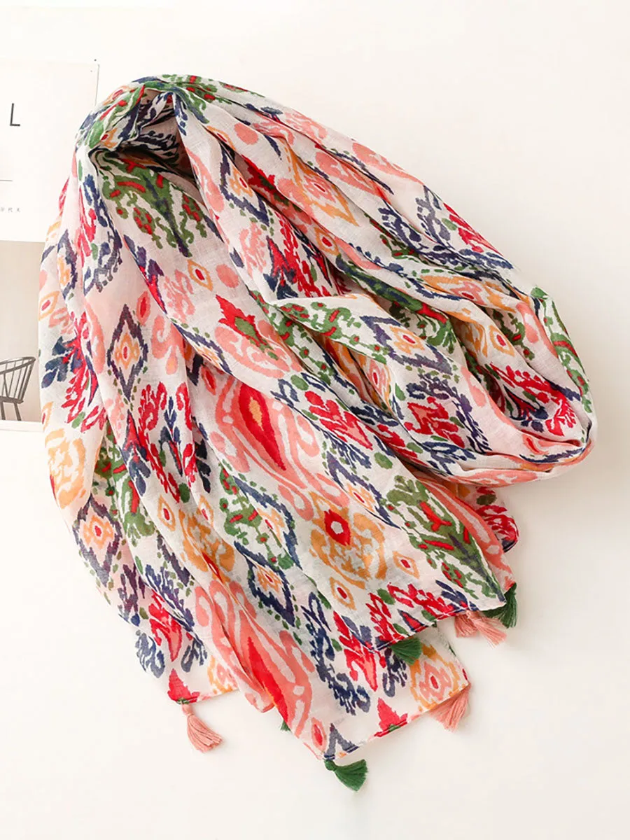 Women Multicolor Print Tassel Scarf