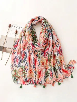 Women Multicolor Print Tassel Scarf