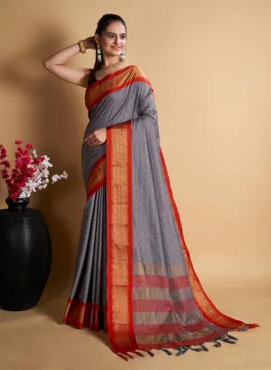 Women Party Wear Designer Grey Color Chex Pattern Silk Blend Saree Collection