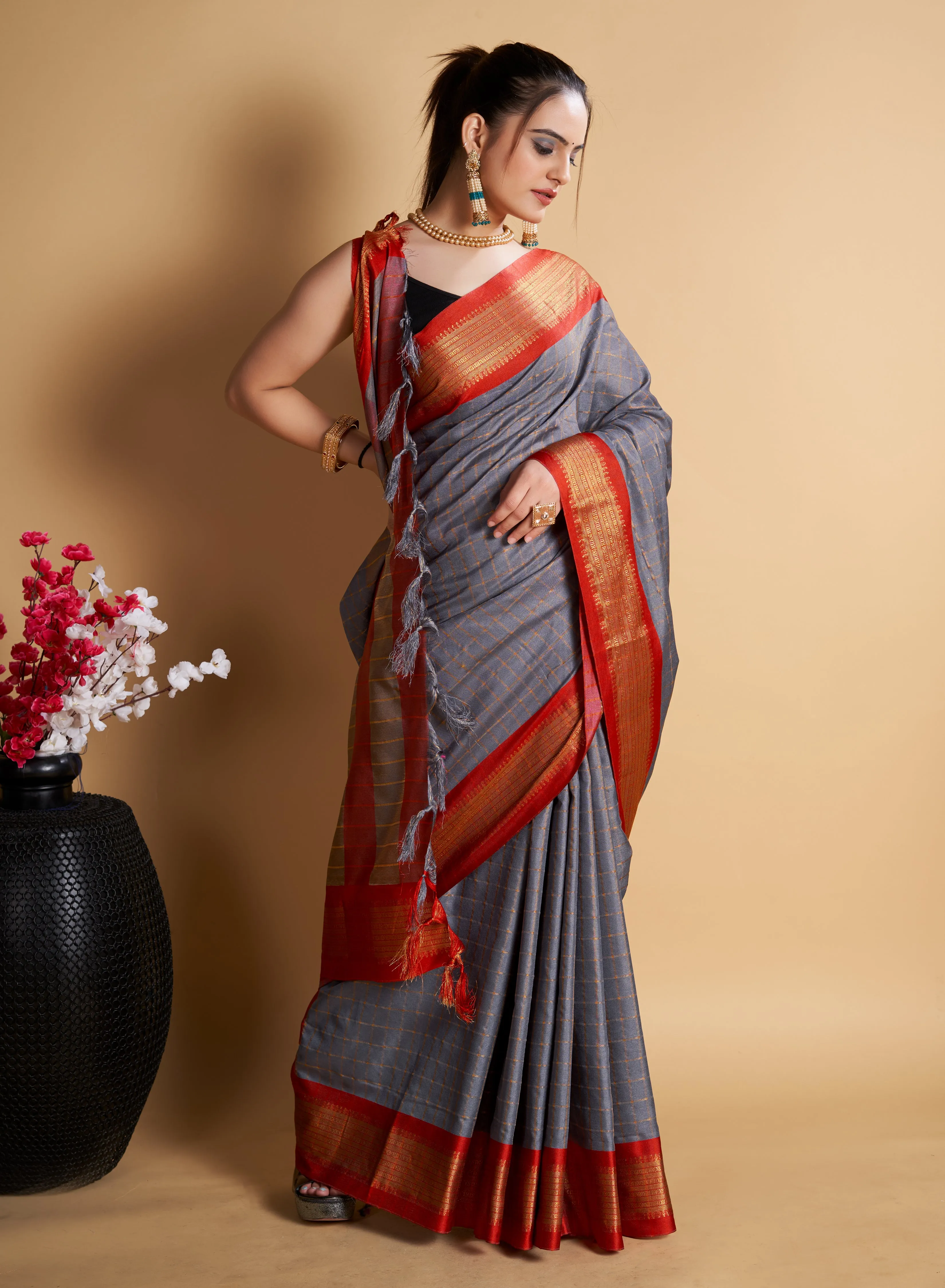 Women Party Wear Designer Grey Color Chex Pattern Silk Blend Saree Collection