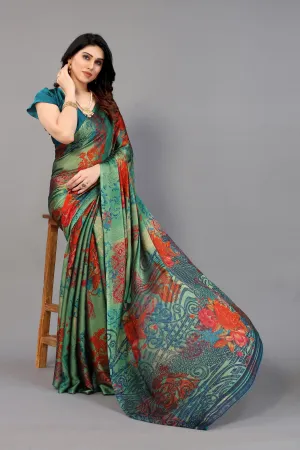 Women Party Wear Printed Chiffon Silk Saree With Un Stitched Blouse