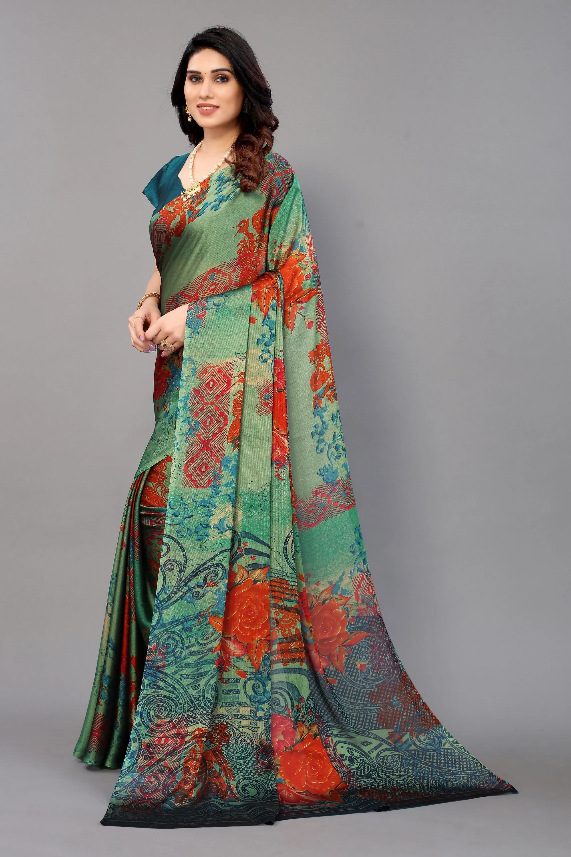 Women Party Wear Printed Chiffon Silk Saree With Un Stitched Blouse