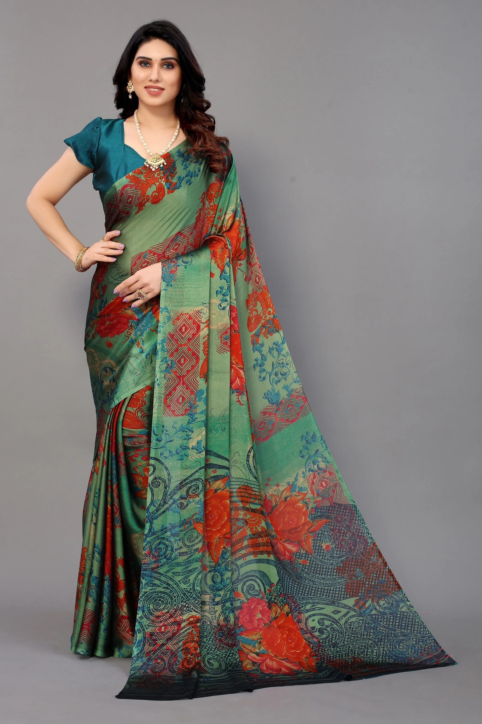 Women Party Wear Printed Chiffon Silk Saree With Un Stitched Blouse