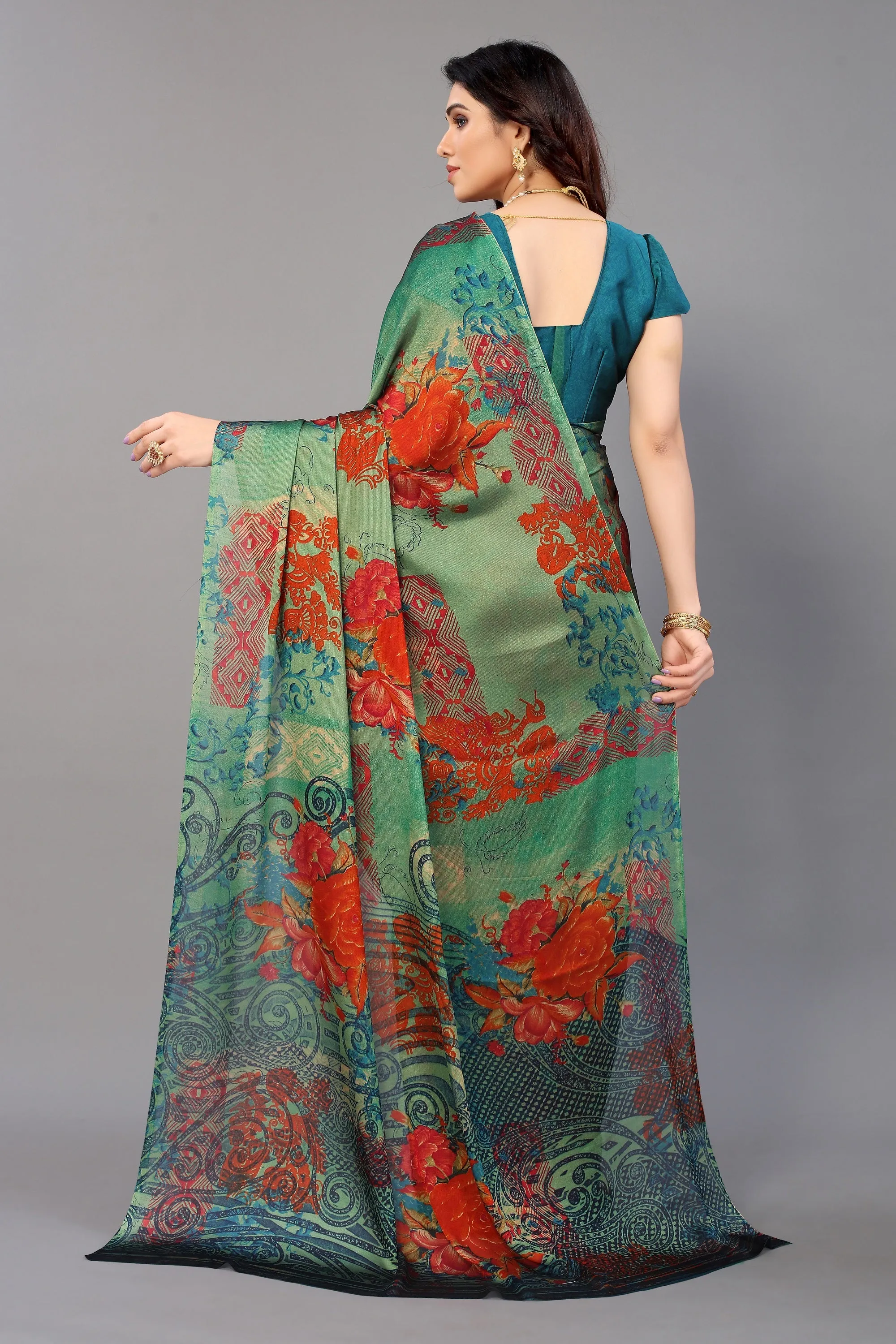 Women Party Wear Printed Chiffon Silk Saree With Un Stitched Blouse