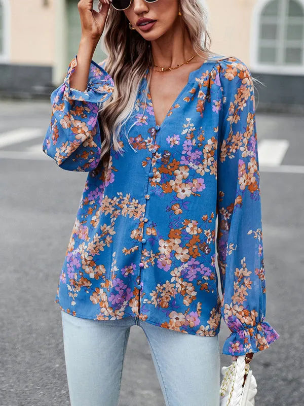 Women's Elegant floral print shirt with V-neck buttons blouse