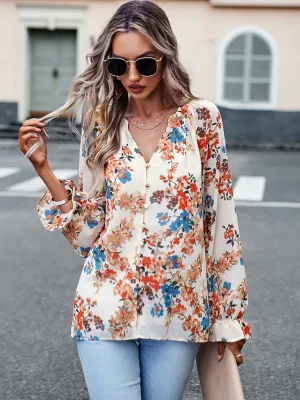 Women's Elegant floral print shirt with V-neck buttons blouse