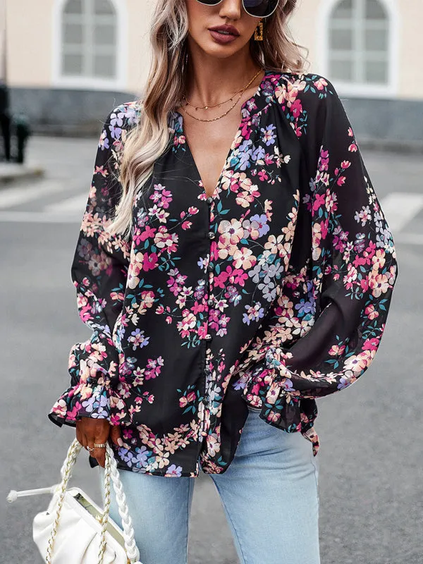 Women's Elegant floral print shirt with V-neck buttons blouse