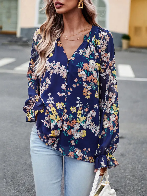 Women's Elegant floral print shirt with V-neck buttons blouse