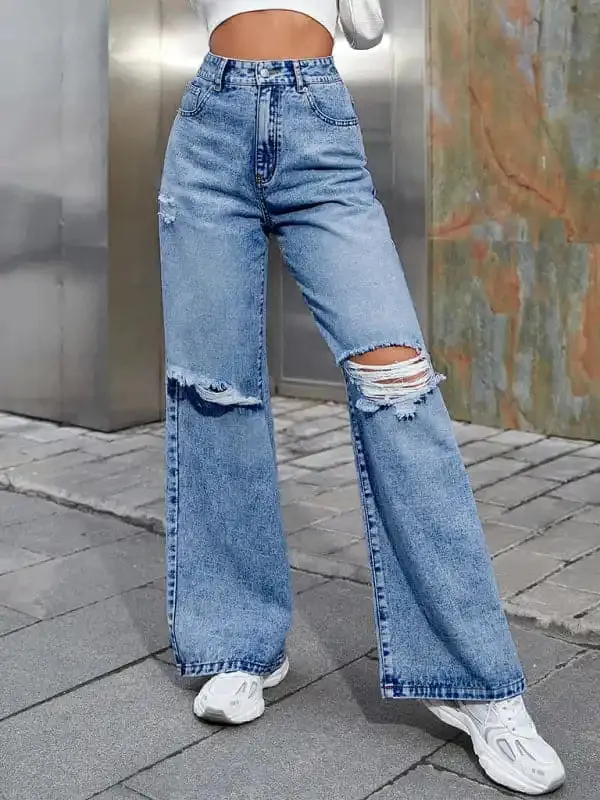 Women’s Fashion ripped high waist wide leg casual denim trousers