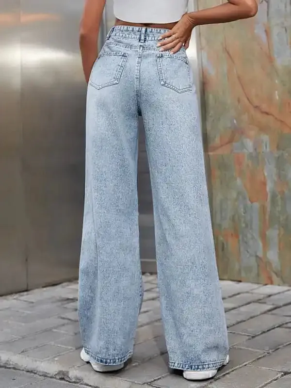 Women’s Fashion ripped high waist wide leg casual denim trousers