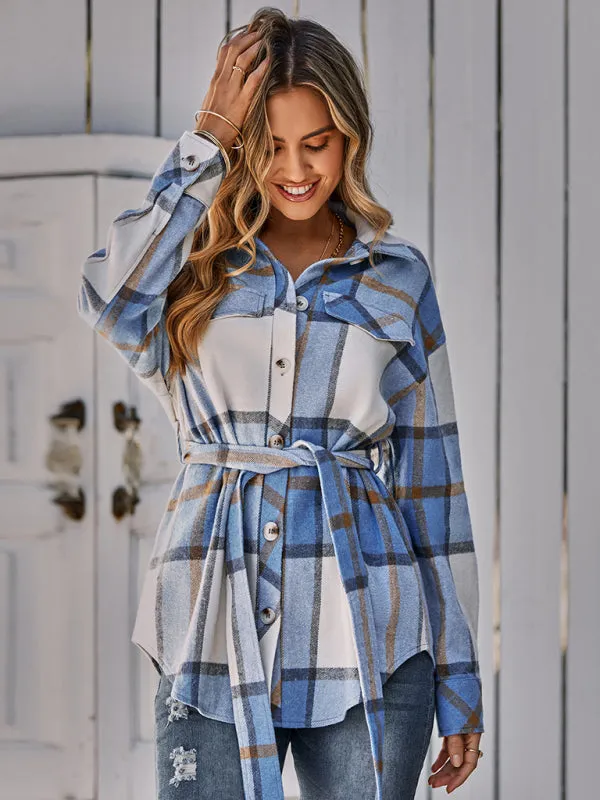 Women's single breasted casual plaid belt jacket