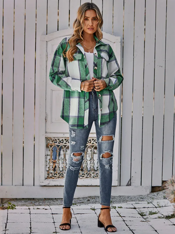 Women's single breasted casual plaid belt jacket