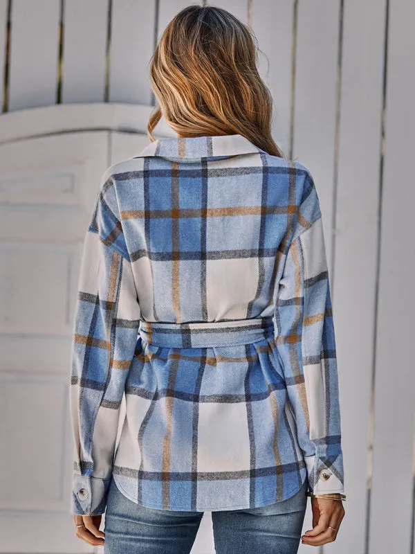 Women's single breasted casual plaid belt jacket