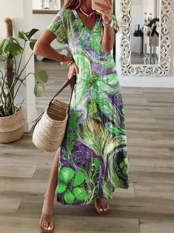 Women’s V-neck Short Sleeve Multi-color Printing Dress